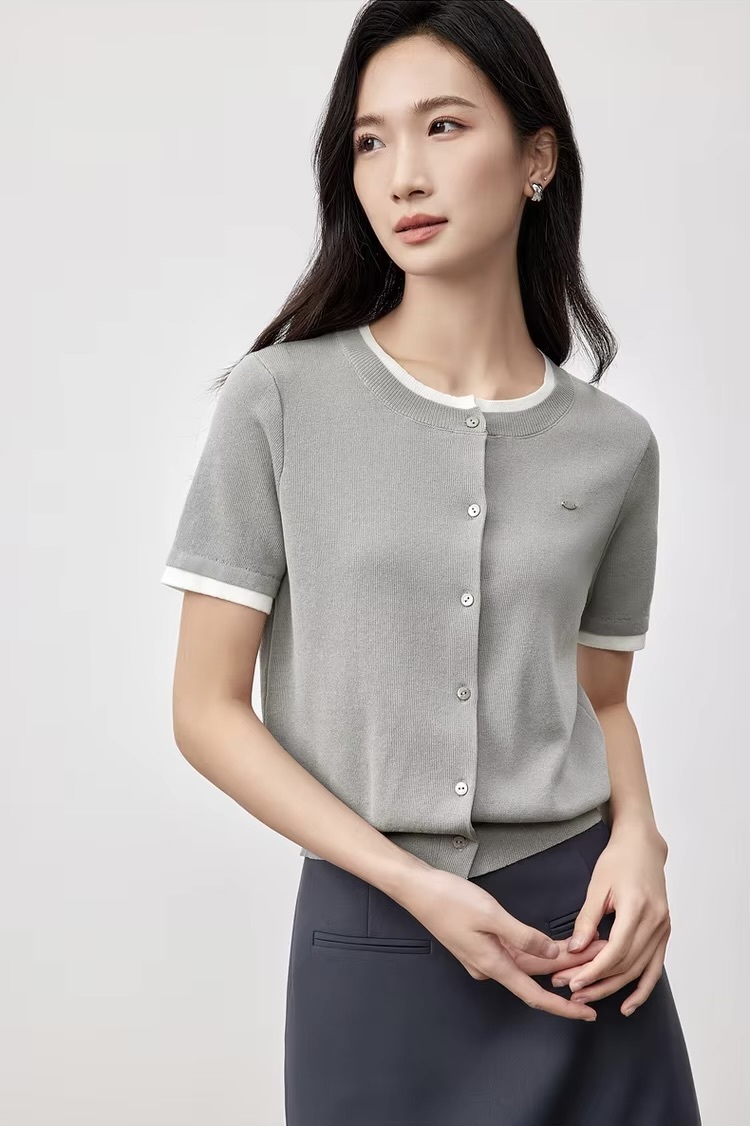 Spliced Knit Crewneck Cardigan  Women’s slim fit round crew neck collar single breasted button-up short sleeves patchwork accent trim ribbed rib band hem cardigans for woman in gray Chic Tops Spring womens grey alt-g alernative office wfh workwear petite-, plus-, size fashion #W51H58750