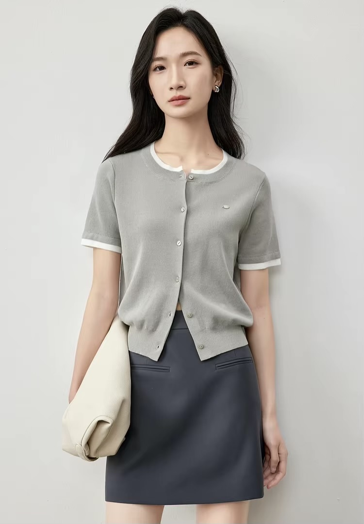 Spliced Knit Crewneck Cardigan  Women’s slim fit round crew neck collar single breasted button-up short sleeves patchwork accent trim ribbed rib band hem cardigans for woman in gray Chic Tops Spring womens grey alt-g alernative office wfh workwear petite-, plus-, size fashion #W51H58750