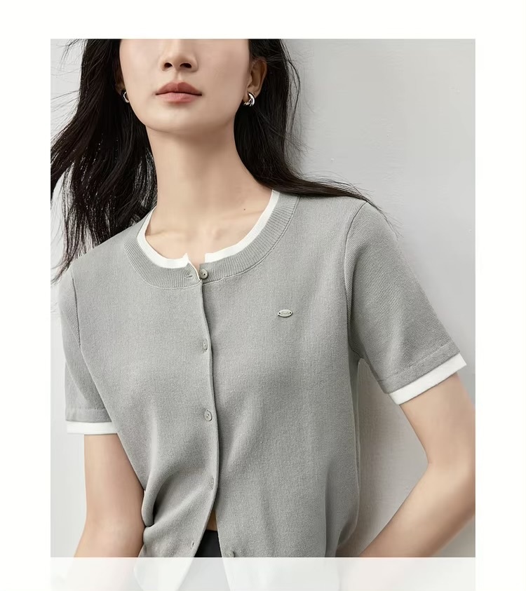 Spliced Knit Crewneck Cardigan  Women’s slim fit round crew neck collar single breasted button-up short sleeves patchwork accent trim ribbed rib band hem cardigans for woman in gray Chic Tops Spring womens grey alt-g alernative office wfh workwear petite-, plus-, size fashion #W51H58750