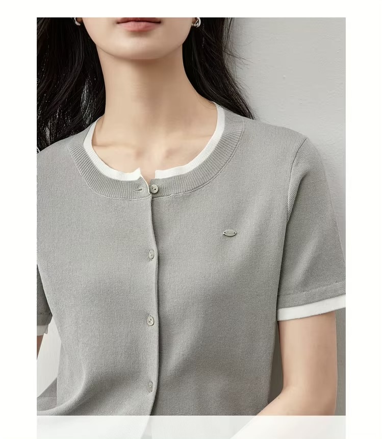 Spliced Knit Crewneck Cardigan  Women’s slim fit round crew neck collar single breasted button-up short sleeves patchwork accent trim ribbed rib band hem cardigans for woman in gray Chic Tops Spring womens grey alt-g alernative office wfh workwear petite-, plus-, size fashion #W51H58750