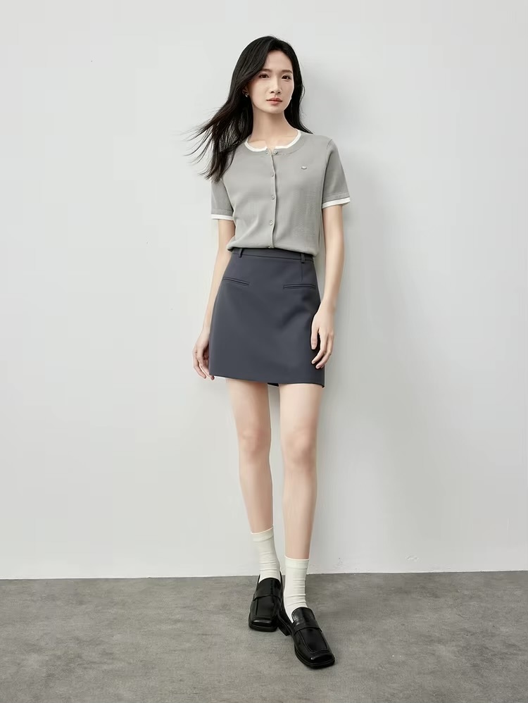 Spliced Knit Crewneck Cardigan  Women’s slim fit round crew neck collar single breasted button-up short sleeves patchwork accent trim ribbed rib band hem cardigans for woman in gray Chic Tops Spring womens grey alt-g alernative office wfh workwear petite-, plus-, size fashion #W51H58750