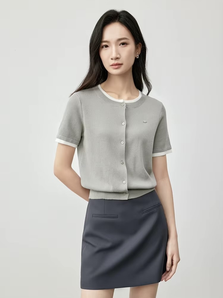 Spliced Knit Crewneck Cardigan  Women’s slim fit round crew neck collar single breasted button-up short sleeves patchwork accent trim ribbed rib band hem cardigans for woman in gray Chic Tops Spring womens grey alt-g alernative office wfh workwear petite-, plus-, size fashion #W51H58750