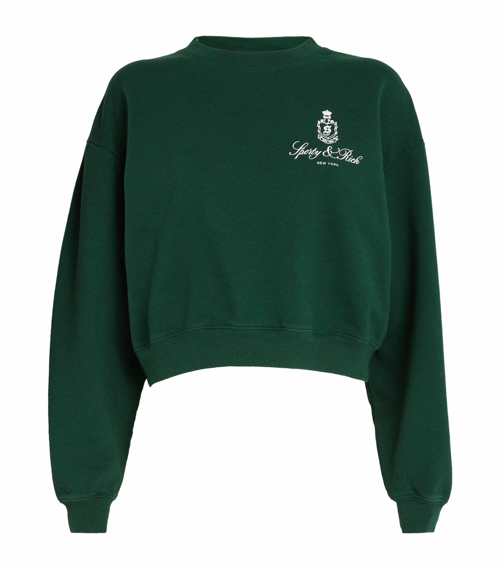 Vendome Sweatshirt  miteigi Women’s 100% Cotton Wool Crew neck Sporty & Rich New York S emblem letter print round o-neck crewneck collar long sleeves pullover Casual comfortable cropped sweatshirts for woman in British racing bottle green Ladies Spring Summer Fall Autumn women’s sportswear Fashion season sweaters clothing