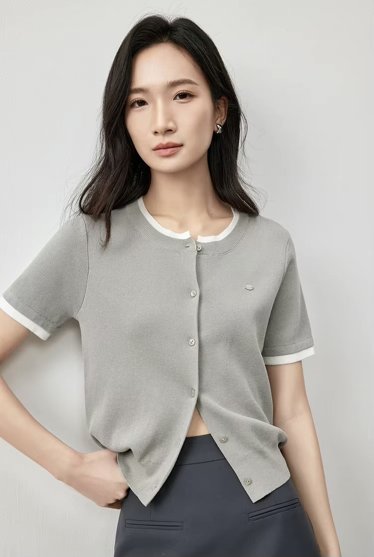 Spliced Knit Crewneck Cardigan  Women’s slim fit round crew neck collar single breasted button-up short sleeves patchwork accent trim ribbed rib band hem cardigans for woman in gray Chic Tops Spring womens grey alt-g alernative office wfh workwear petite-, plus-, size fashion #W51H58750