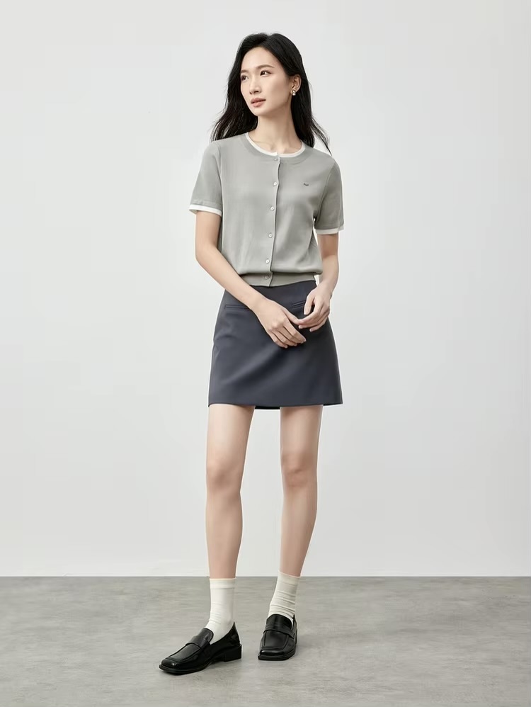Spliced Knit Crewneck Cardigan  Women’s slim fit round crew neck collar single breasted button-up short sleeves patchwork accent trim ribbed rib band hem cardigans for woman in gray Chic Tops Spring womens grey alt-g alernative office wfh workwear petite-, plus-, size fashion #W51H58750