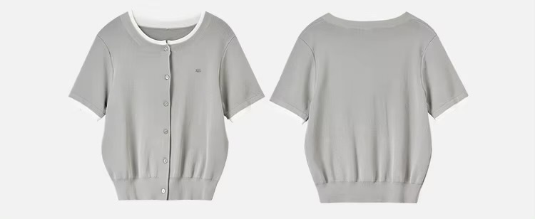 Spliced Knit Crewneck Cardigan  Women’s slim fit round crew neck collar single breasted button-up short sleeves patchwork accent trim ribbed rib band hem cardigans for woman in gray Chic Tops Spring womens grey alt-g alernative office wfh workwear petite-, plus-, size fashion #W51H58750