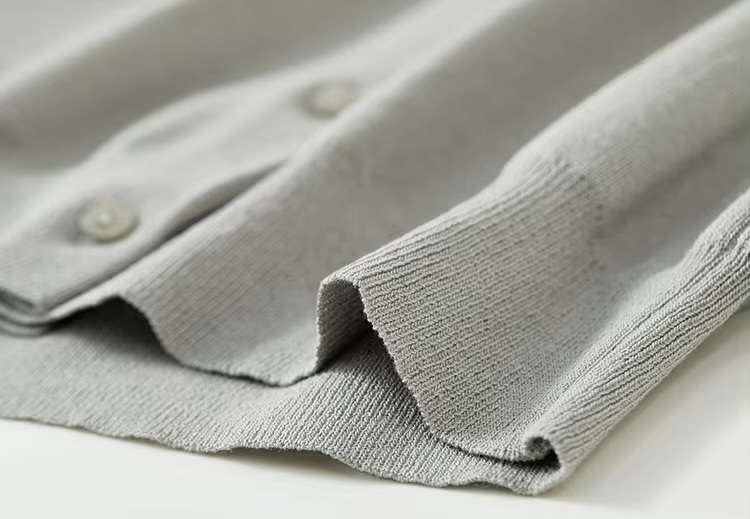 Spliced Knit Crewneck Cardigan  Women’s slim fit round crew neck collar single breasted button-up short sleeves patchwork accent trim ribbed rib band hem cardigans for woman in gray Chic Tops Spring womens grey alt-g alernative office wfh workwear petite-, plus-, size fashion #W51H58750