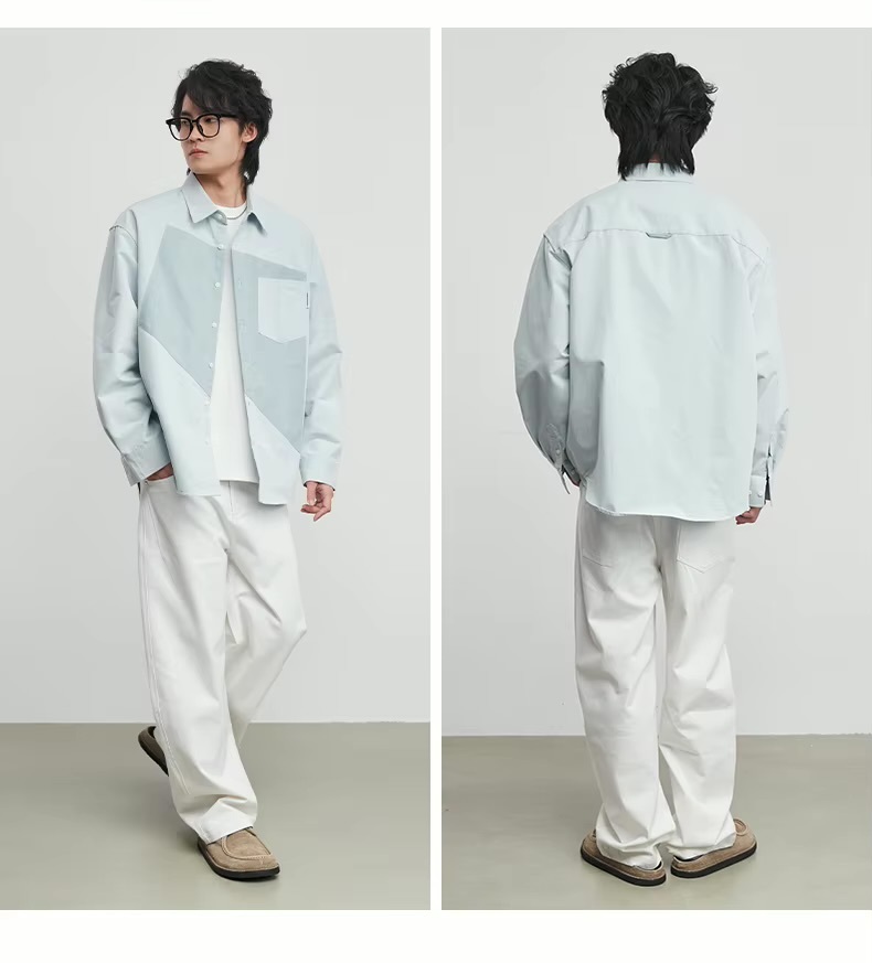 Men’s man mens petite-, tall-, plus-, size Geometric Double Color patchwork Matching Spring Summer Fall And Autumn Trendy Korean Design Niche Silhouette Loose Trendy Shirt Top Shirts in light green