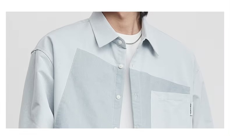 Men’s man mens petite-, tall-, plus-, size Geometric Double Color patchwork Matching Spring Summer Fall And Autumn Trendy Korean Design Niche Silhouette Loose Trendy Shirt Top Shirts in light green