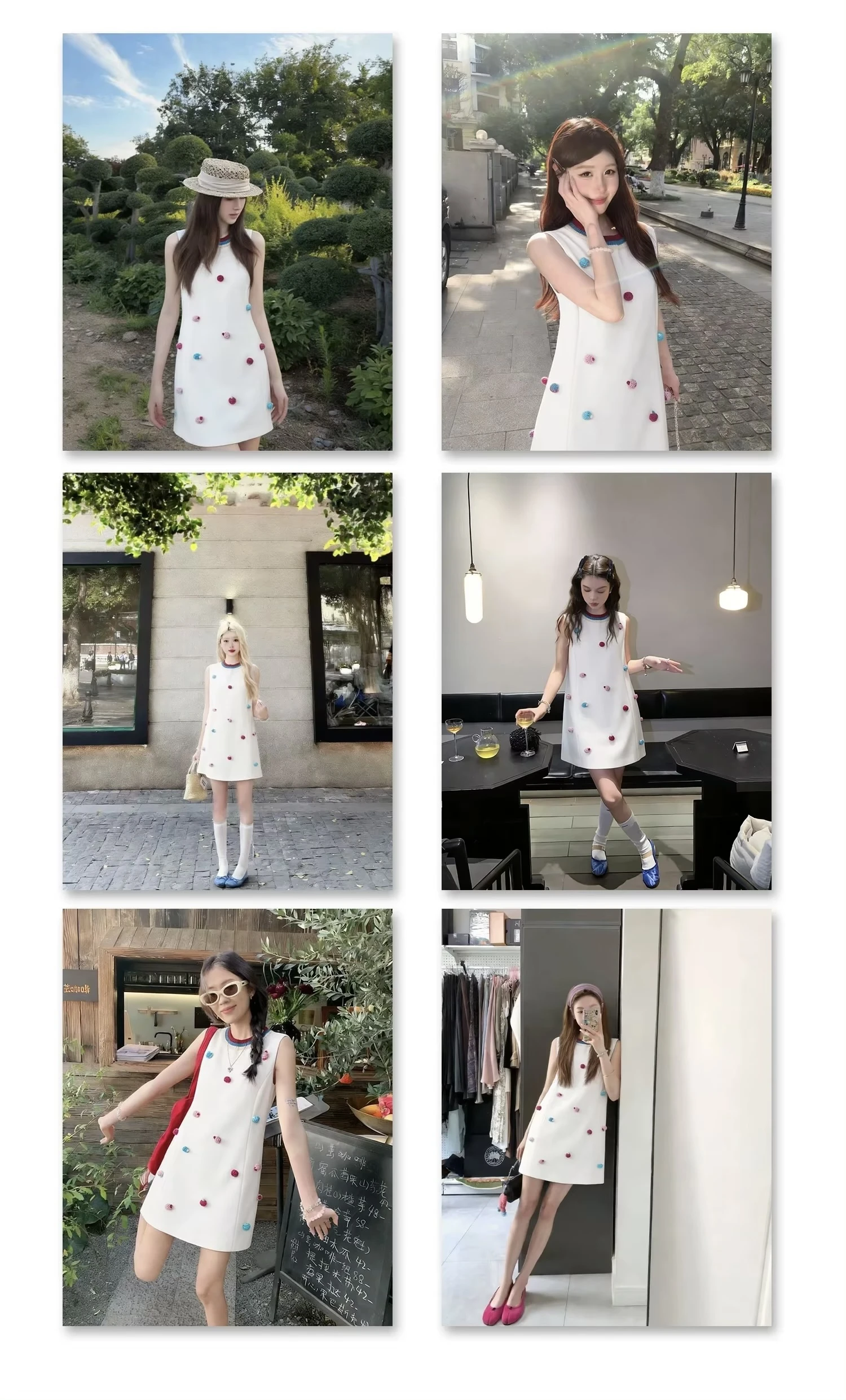 Women’s woman womens petite-, tall-, plus-, size Light Luxury High-quality Elegant cotton-blend Christmas holiday vacation getaway evening party club, loose knit sleeveless crewneck collar design, multicolor 3D bobs stitched decorations, trim hem, DJ nightclub vibe mini dress Fashion Dresses in white with multi color accents