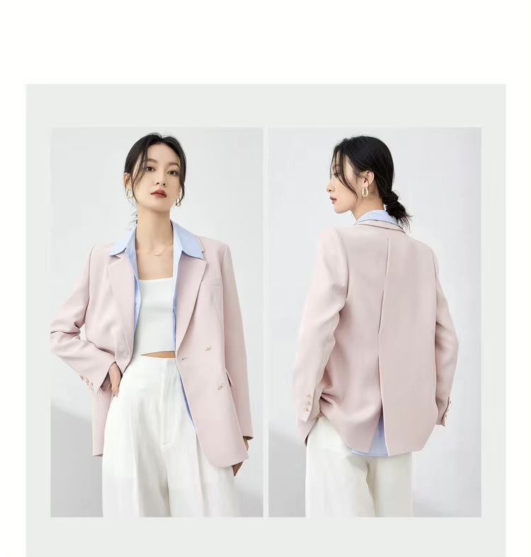 Notch Blazer Jacket    Women’s Elegant formal turn-down notch collar Wide-waisted loose fit double breasted close patch banded chest pocket long sleeves with three barbed-wire fence-wire style button cuffs flap pockets back hem slit Female Outerwear for woman in light pastel pink Office Lady womens wfh workwear suit Jackets petite-, plus-, size outwear  #M41X54182X