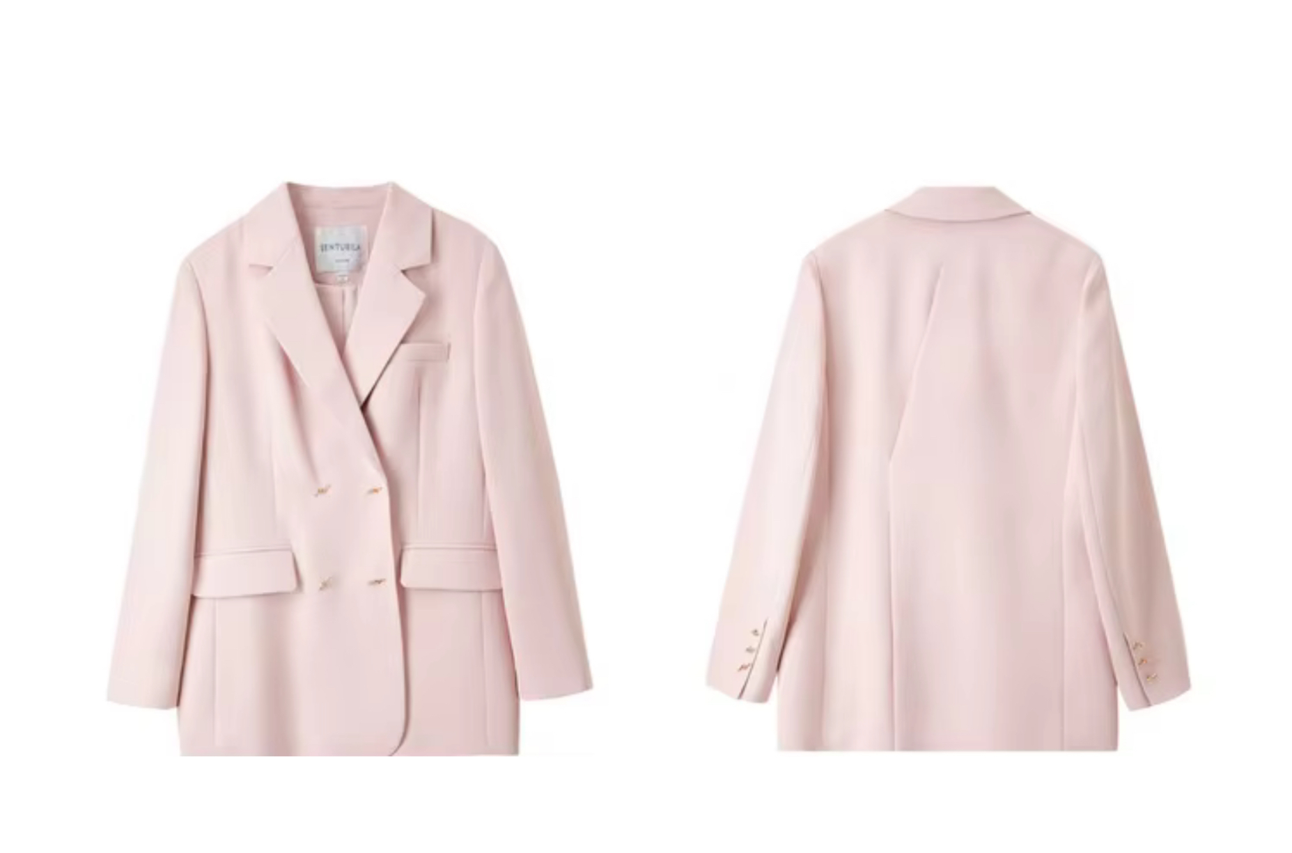 Notch Blazer Jacket    Women’s Elegant formal turn-down notch collar Wide-waisted loose fit double breasted close patch banded chest pocket long sleeves with three barbed-wire fence-wire style button cuffs flap pockets back hem slit Female Outerwear for woman in light pastel pink Office Lady womens wfh workwear suit Jackets petite-, plus-, size outwear  #M41X54182X