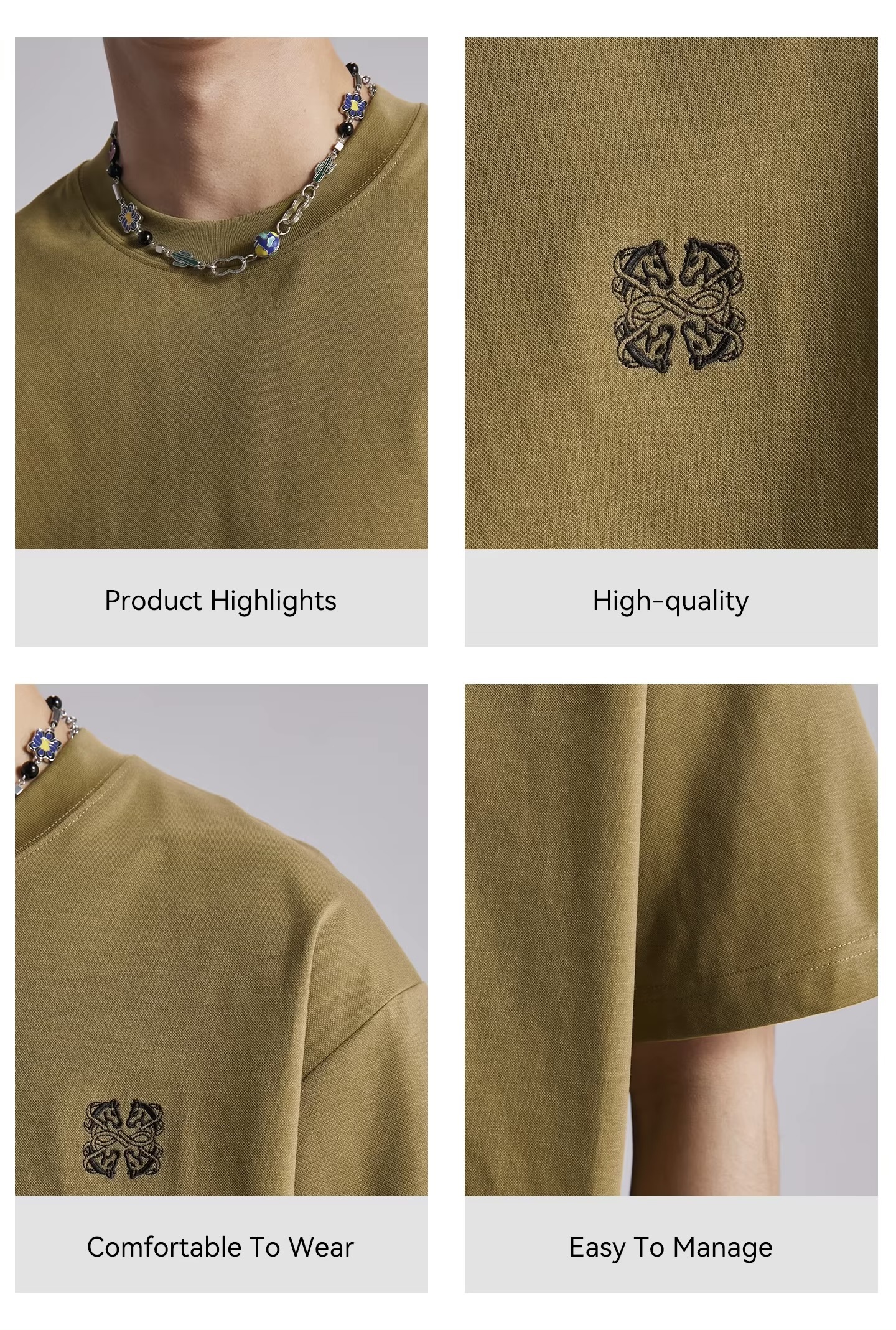 Men’s man mens petite-, tall-, plus-, size Mini graphic animal horse head embroidered Embroidery Color Contrast Summer Crew Neck Loose Soft Breathable Casual Short half Sleeve with drop shoulder crewneck round O-neck T-Shirt Tops T-Shirts in olive green