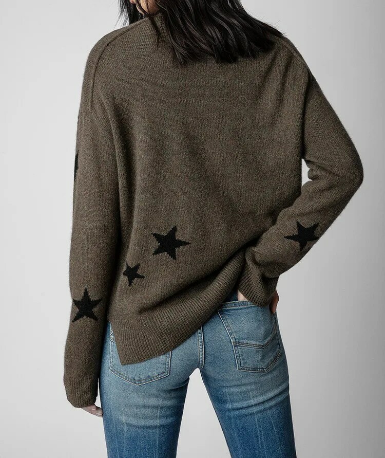 Mirka Stars Cashmere Cardigan   miteigi Women’s office workwear French look ZADIG & VOLTAIRE Style Bird Embroidery Special Knitted Star Hanging Wool Pattern v-neck button closure long sleeves ribbed hem Cardigans for woman in rustic greenish brown with black stars Spring summer Fall autumn womens Vintage woolen Sweaters fashion season