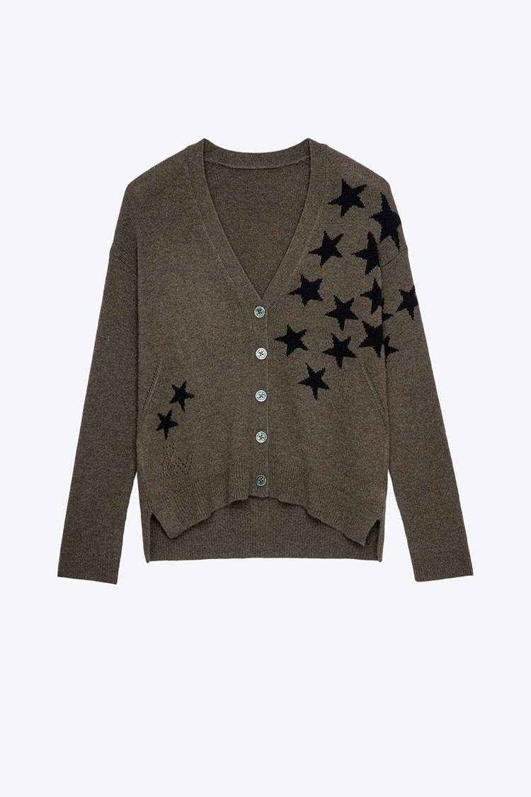 Mirka Stars Cashmere Cardigan   miteigi Women’s office workwear French look ZADIG & VOLTAIRE Style Bird Embroidery Special Knitted Star Hanging Wool Pattern v-neck button closure long sleeves ribbed hem Cardigans for woman in rustic greenish brown with black stars Spring summer Fall autumn womens Vintage woolen Sweaters fashion season