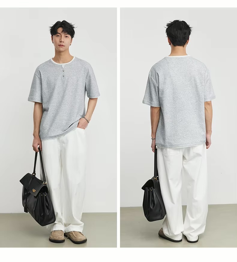 Men’s man mens petite-, tall-, plus-, size Fake Two-piece Retro Mandarin collar crewneck Henry Collar Knitted Short-sleeves Summer T-shirt American Solid Color round O-neck Casual Pullover T-Shirt Tops T-Shirts in light Gray grey blue