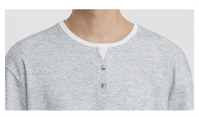 Men’s man mens petite-, tall-, plus-, size Fake Two-piece Retro Mandarin collar crewneck Henry Collar Knitted Short-sleeves Summer T-shirt American Solid Color round O-neck Casual Pullover T-Shirt Tops T-Shirts in light Gray grey blue