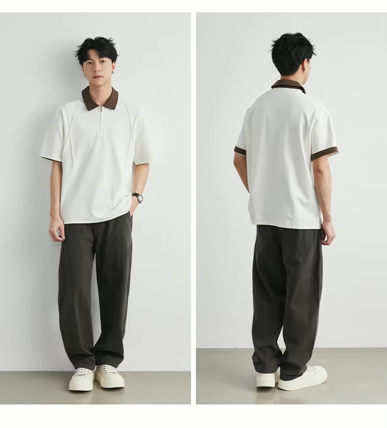 Men’s man mens petite-, tall-, plus-, size Contrast Collar Half Zip Summer Combed Cotton Soft Durable Casual Short half Sleeves turn-down collar Tee Daily Commute wfh workwear Polo Shirt Tee Top T-Shirts in apricot white with coffee-brown accent color