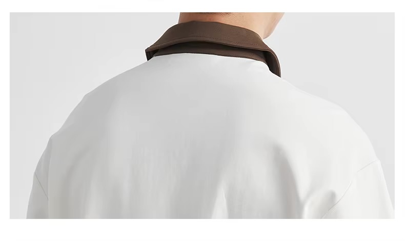 Men’s man mens petite-, tall-, plus-, size Contrast Collar Half Zip Summer Combed Cotton Soft Durable Casual Short half Sleeves turn-down collar Tee Daily Commute wfh workwear Polo Shirt Tee Top T-Shirts in apricot white with coffee-brown accent color
