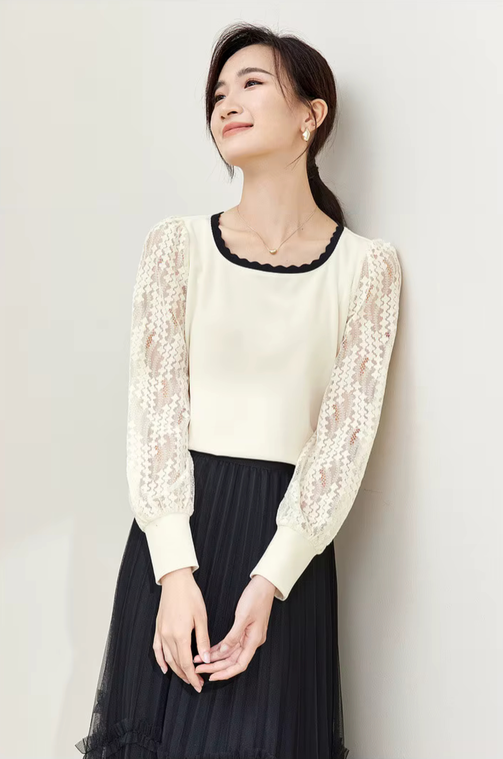 Patchwork Lace Top  Women’s Pullover hollow-out long sleeves with band cuffs knit square scoop neck blouse Tops for woman in white with black trim Spring elegant fashion knitwear womens Femmes Blouses #133H50519