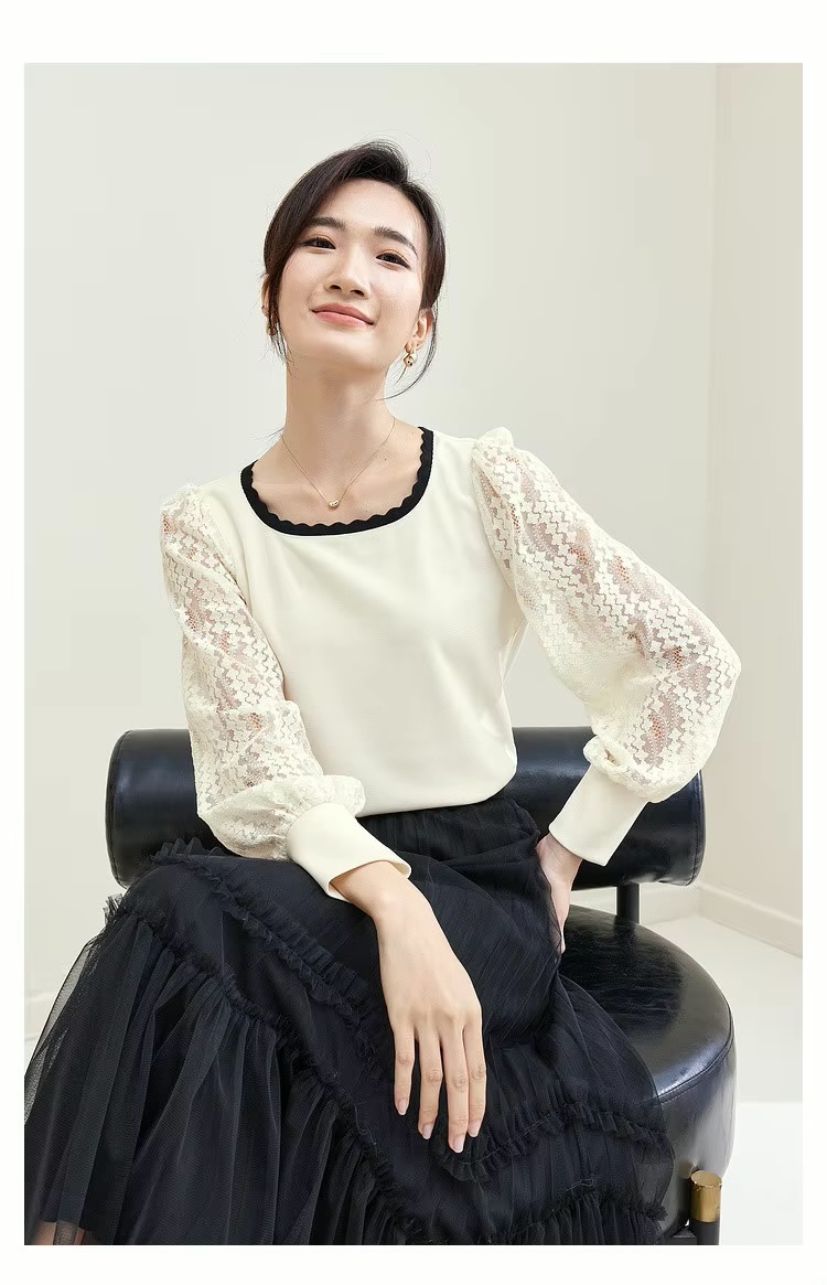 Patchwork Lace Top  Women’s Pullover hollow-out long sleeves with band cuffs knit square scoop neck blouse Tops for woman in white with black trim Spring elegant fashion knitwear womens Femmes Blouses #133H50519