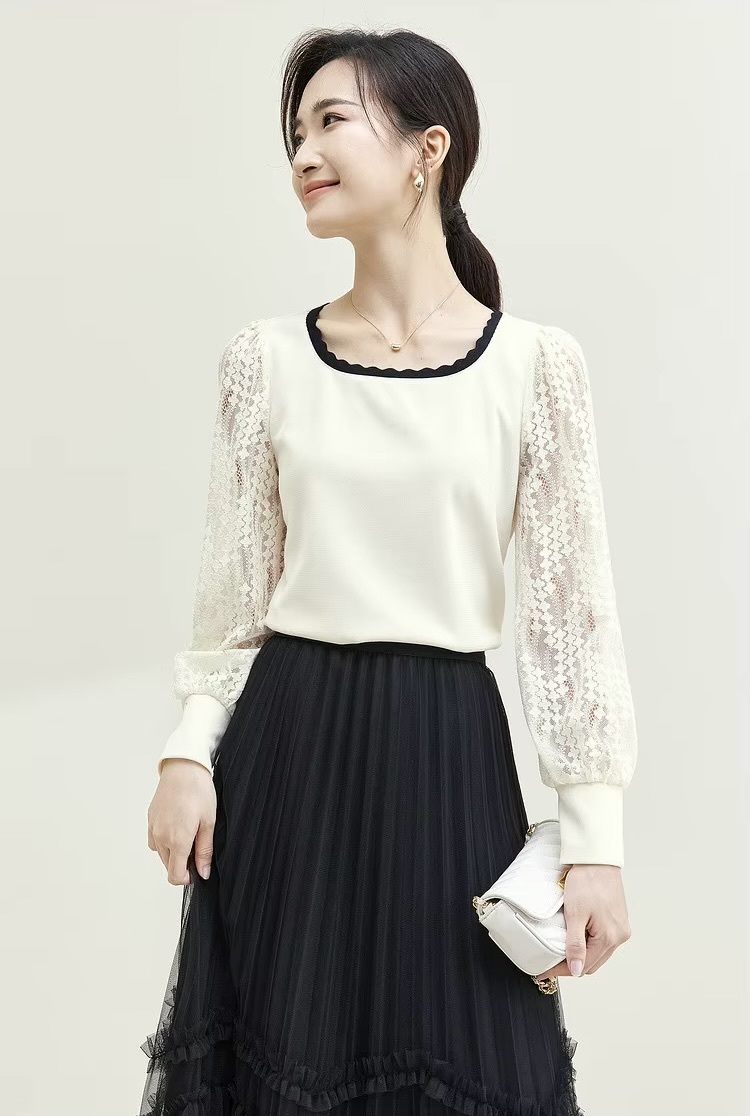 Patchwork Lace Top  Women’s Pullover hollow-out long sleeves with band cuffs knit square scoop neck blouse Tops for woman in white with black trim Spring elegant fashion knitwear womens Femmes Blouses #133H50519