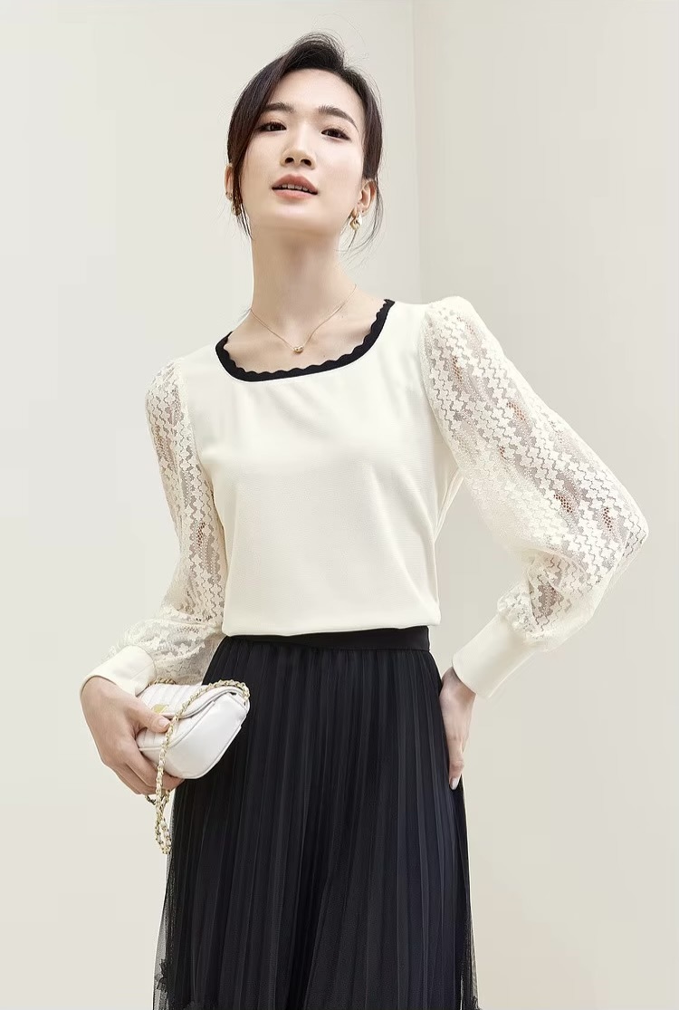 Patchwork Lace Top  Women’s Pullover hollow-out long sleeves with band cuffs knit square scoop neck blouse Tops for woman in white with black trim Spring elegant fashion knitwear womens Femmes Blouses #133H50519