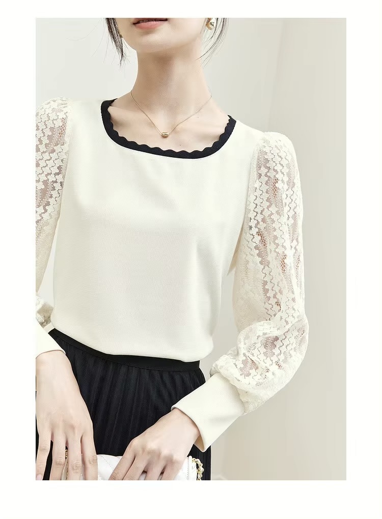 Patchwork Lace Top  Women’s Pullover hollow-out long sleeves with band cuffs knit square scoop neck blouse Tops for woman in white with black trim Spring elegant fashion knitwear womens Femmes Blouses #133H50519