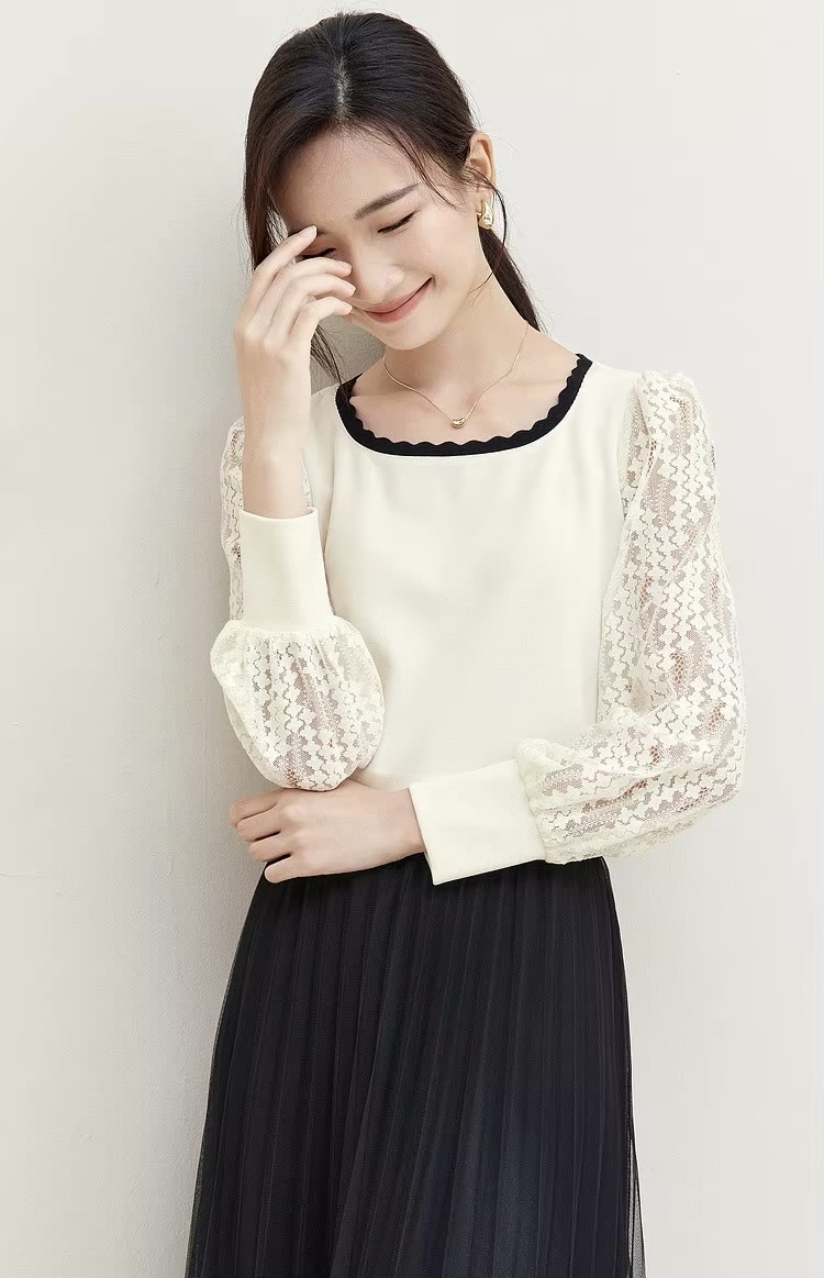 Patchwork Lace Top  Women’s Pullover hollow-out long sleeves with band cuffs knit square scoop neck blouse Tops for woman in white with black trim Spring elegant fashion knitwear womens Femmes Blouses #133H50519