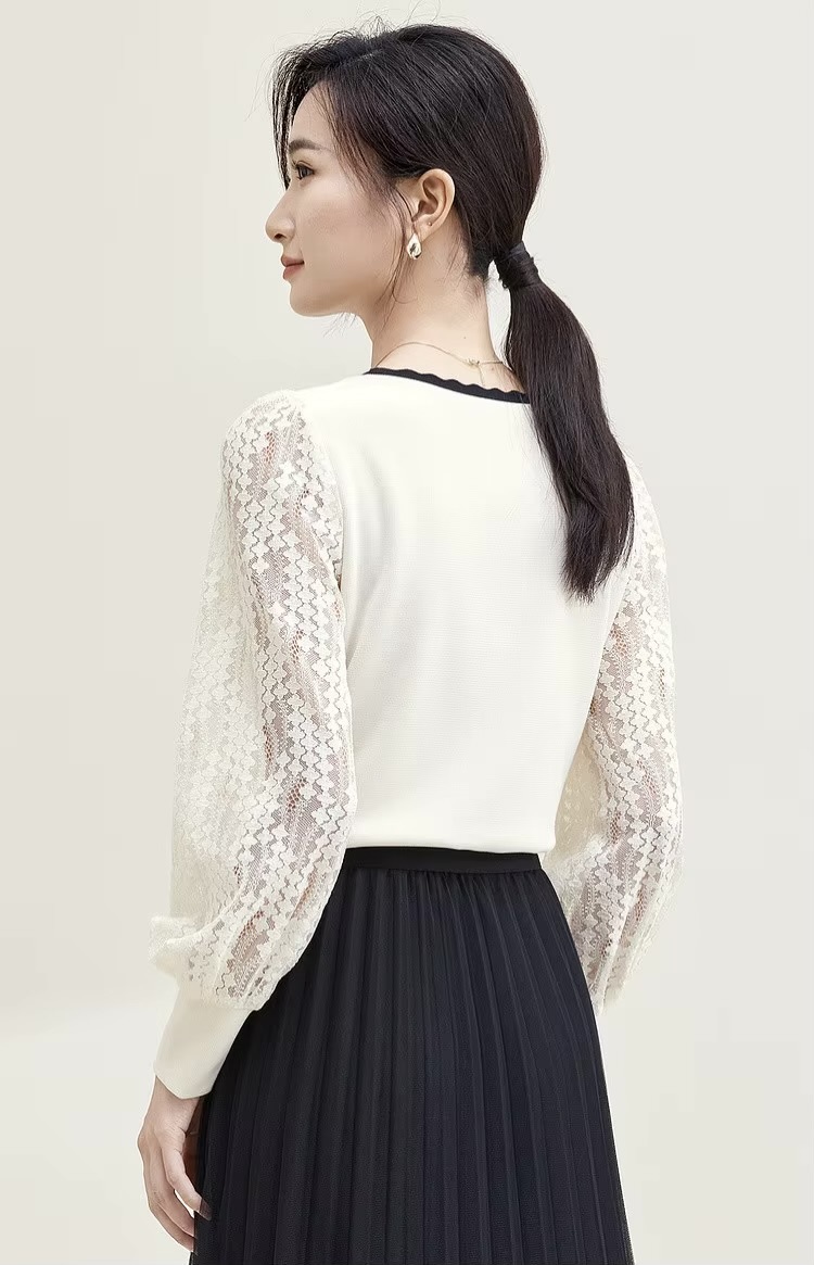 Patchwork Lace Top  Women’s Pullover hollow-out long sleeves with band cuffs knit square scoop neck blouse Tops for woman in white with black trim Spring elegant fashion knitwear womens Femmes Blouses #133H50519