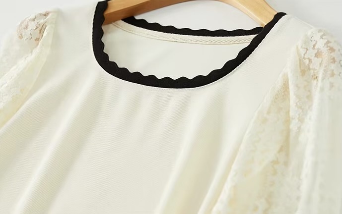 Patchwork Lace Top  Women’s Pullover hollow-out long sleeves with band cuffs knit square scoop neck blouse Tops for woman in white with black trim Spring elegant fashion knitwear womens Femmes Blouses #133H50519
