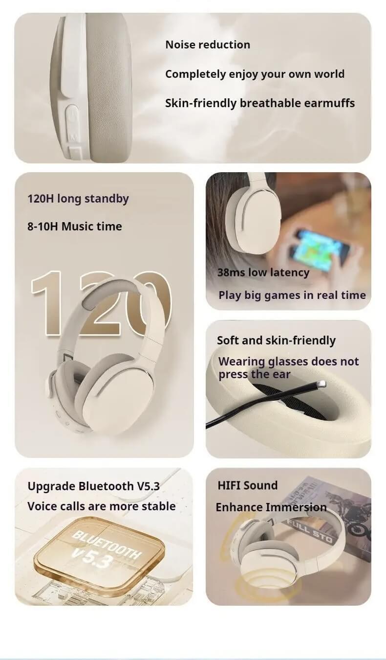 Wireless Bluetooth 5.3 Headphones Over Ear Hifi Stereo Headset True Sports With Earphones TF/AUX Music Player with HD Mic #P2961 in Khaki, Light Blue, Black, Orange