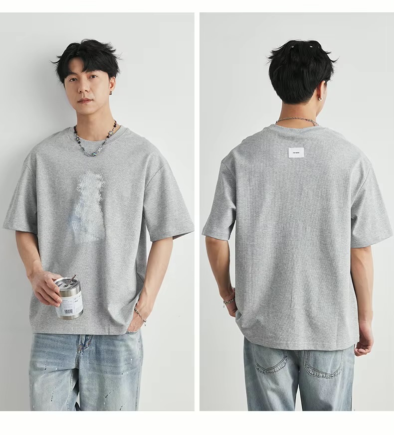 Men&rsquo;s man mens petite-, tall-, plus-, size Heavyweight 220g Cotton Gradient Grid crewneck, Summer Crew Neck Loose Street Fashion Breathable Short Sleeves round O-neck Casual Pullover T-Shirt Tops T-Shirts in black with white multi accent color