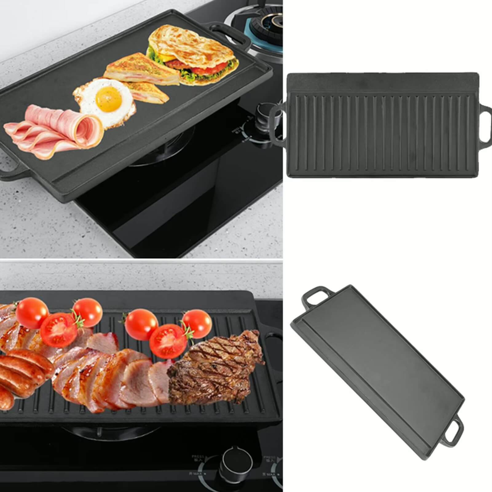 Cast Iron Grill Griddle Pan Non-Stick Ridged and Flat Double Sided Baking Cooking Tray Bakeware in black charcoal
