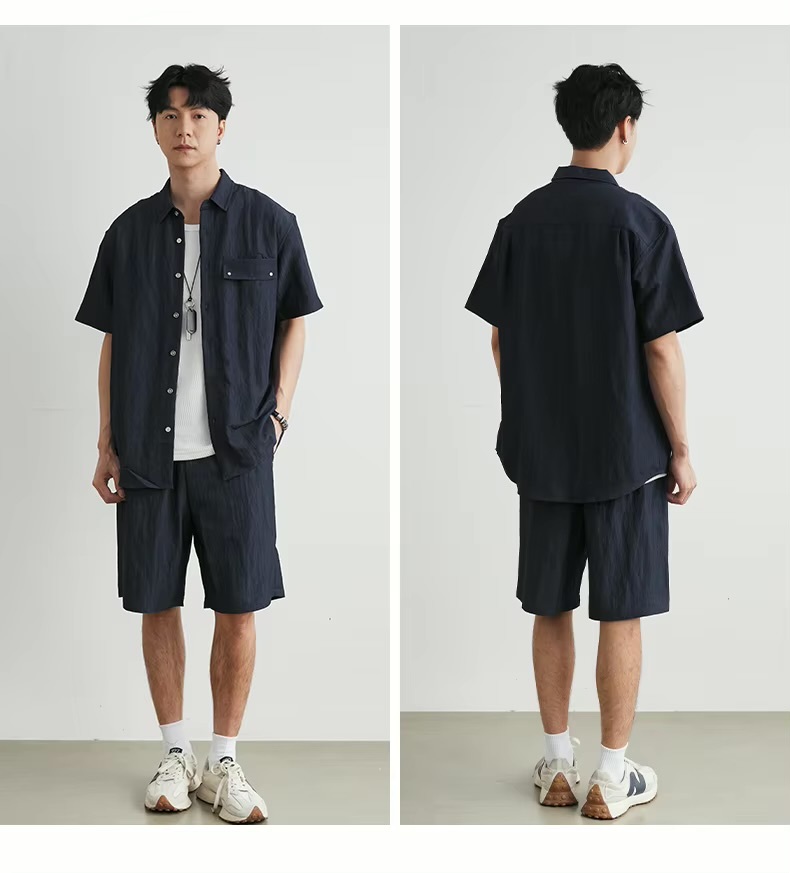 Men’s man mens petite-, tall-, plus-, size Japanese style Loose Casual Short Sleeves half sleeves turn-down collar patch chest pocket button-up Cargo Shirt plus and elasticated mid-rise waist with drawcord drawstring slant slit side pockets Shorts 2 Piece Sets Suits Cityboy wfh office workwear Work 2-Piece Outfit Streetwear Fashion Daily Commute Top Shirts in dark blue