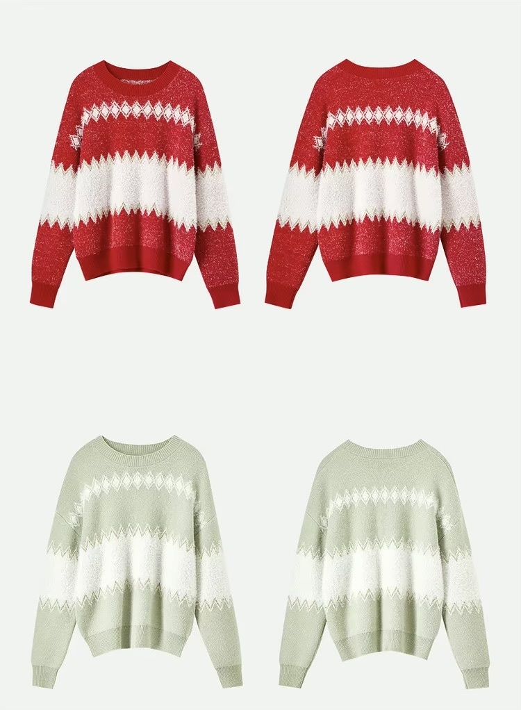Crewneck Splice Sweater green    Women's loose Argyle knit crew neck long sleeves sweater for woman in red-  light pastel green-, and white Warm Christmas Winter womens spliced knitwear round O-neck petite-, tall-, plus-, size striped Pullovers #W44E57266