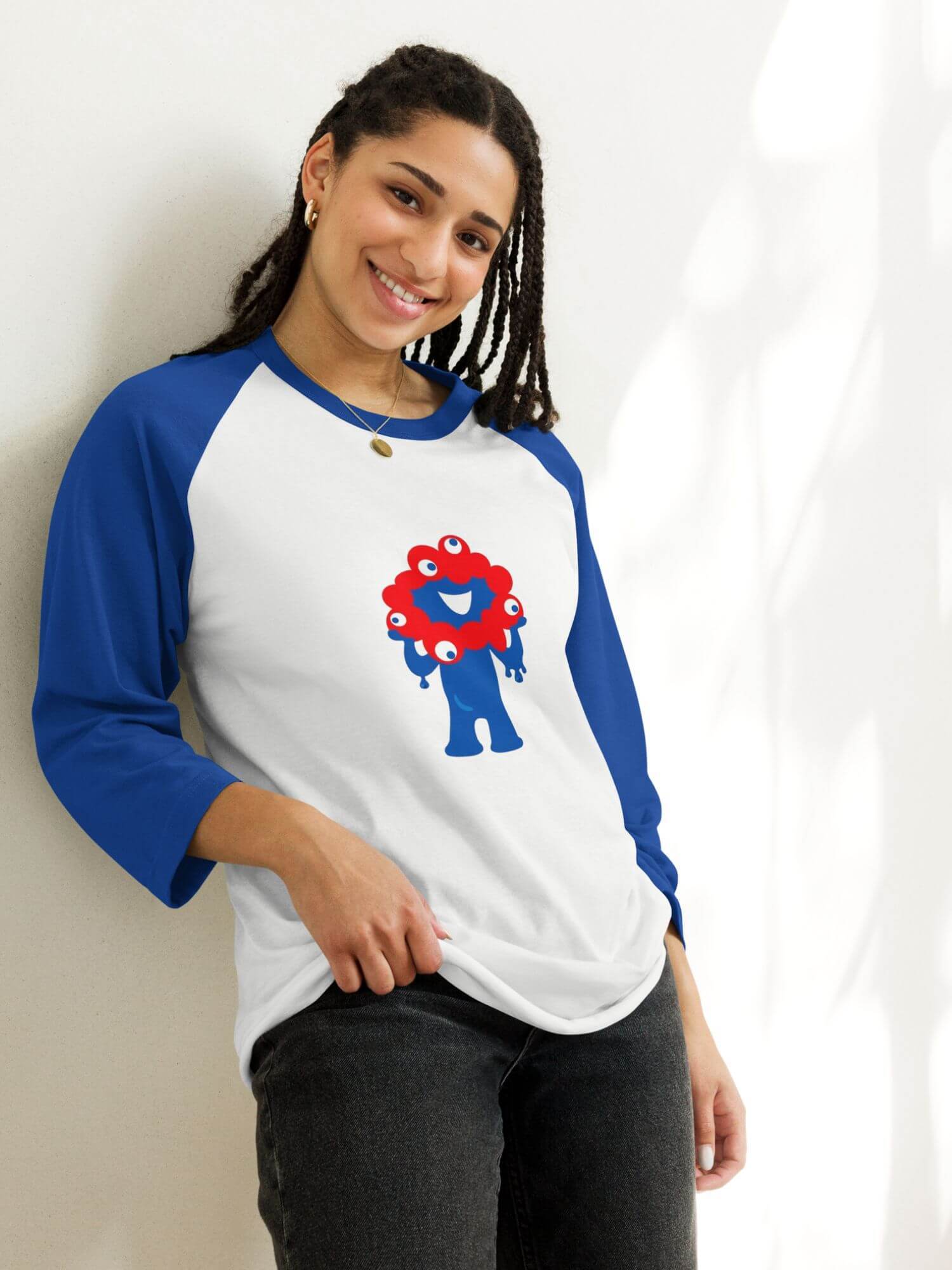 Osaka Expo 2025 T-Shirt    Genderful Women’s Men’s Japanese Unisex anywear petite, tall plus size crew neck athletic round o-neck patchwork 3/4 length sleeves Myaku-Myaku character logo raglan T-shirts for woman man in white with blue multicolor print design womens mens crewneck tees Kansai Japan tops souvenirs