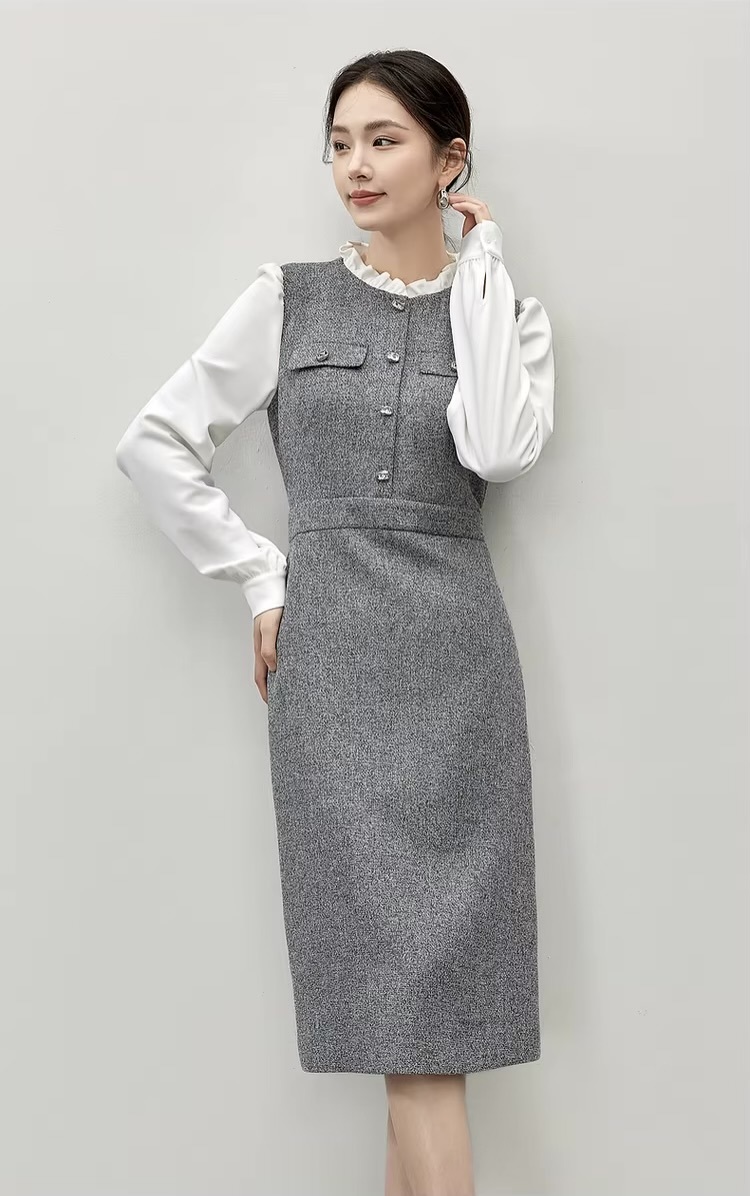 Spliced Ruffles Dress    Women’s Elegant contrast splice ruffled stand collar elastic waist slit Dresses for woman in gray with white trim Fall Autumn Winter womens Ladies petite-, plus-, size office wfh workwear fashion grey style #144L57111