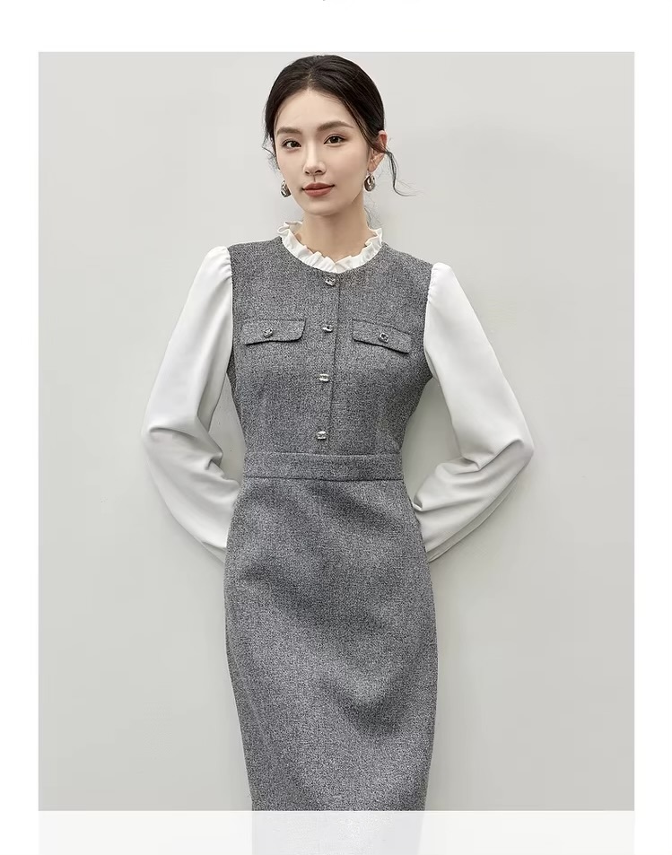 Spliced Ruffles Dress    Women’s Elegant contrast splice ruffled stand collar elastic waist slit Dresses for woman in gray with white trim Fall Autumn Winter womens Ladies petite-, plus-, size office wfh workwear fashion grey style #144L57111