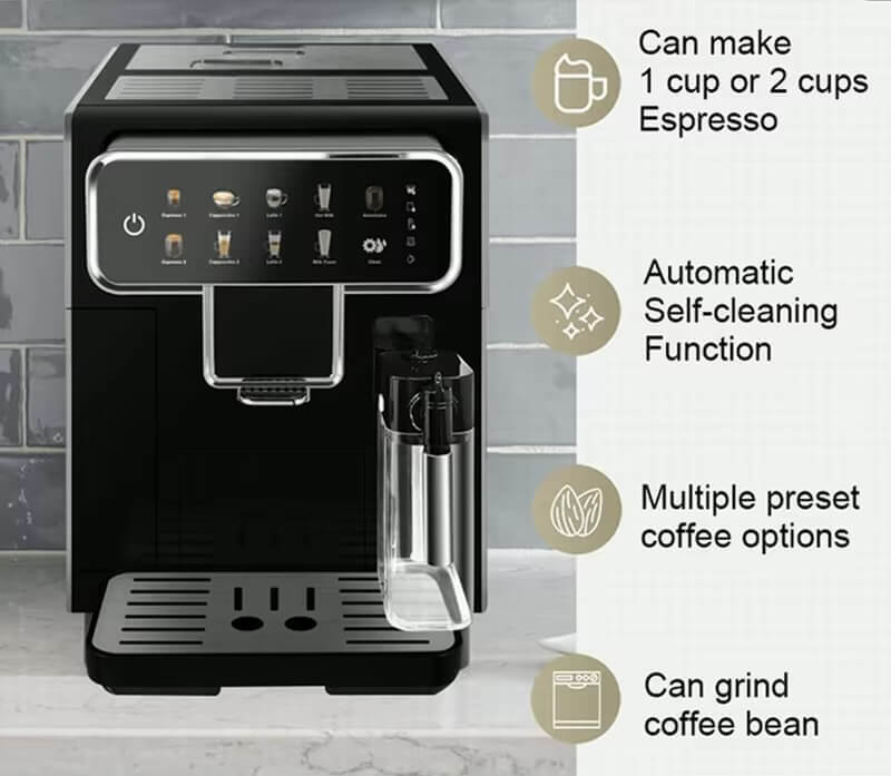 Kitchen Bar Office Home Smart Bean to Cup Fully Automatic Espresso Machine Maker 1.5L Manufacturer, Milk Can Household with Grinder in black