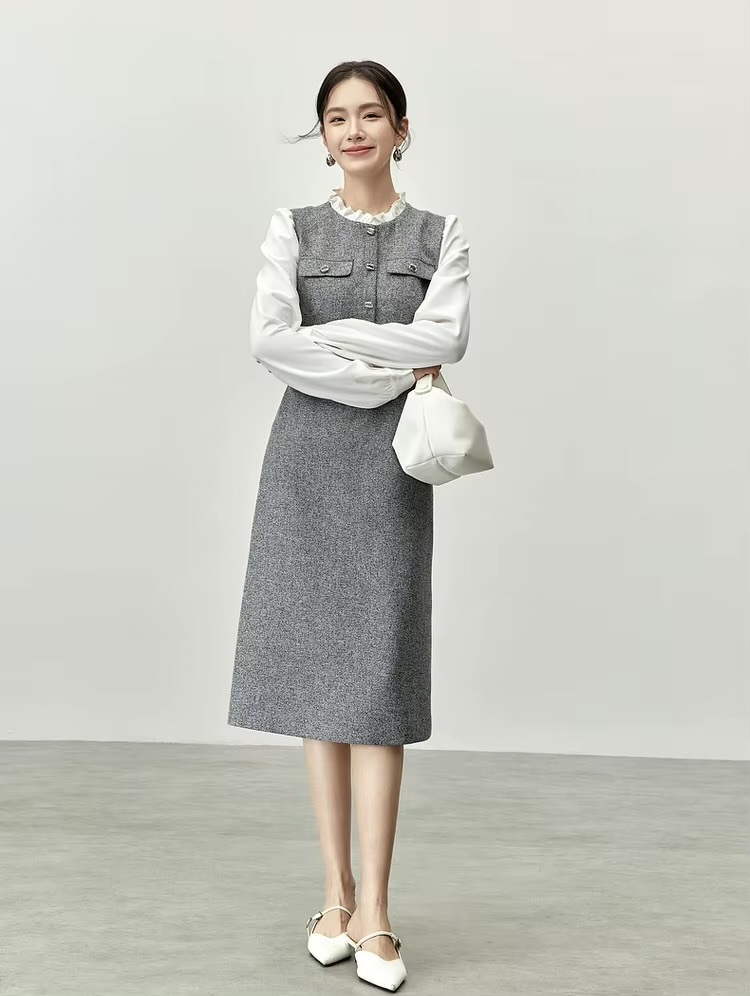 Spliced Ruffles Dress    Women’s Elegant contrast splice ruffled stand collar elastic waist slit Dresses for woman in gray with white trim Fall Autumn Winter womens Ladies petite-, plus-, size office wfh workwear fashion grey style #144L57111