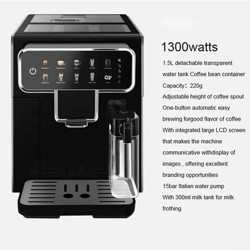 Kitchen Bar Office Home Smart Bean to Cup Fully Automatic Espresso Machine Maker 1.5L Manufacturer, Milk Can Household with Grinder in black