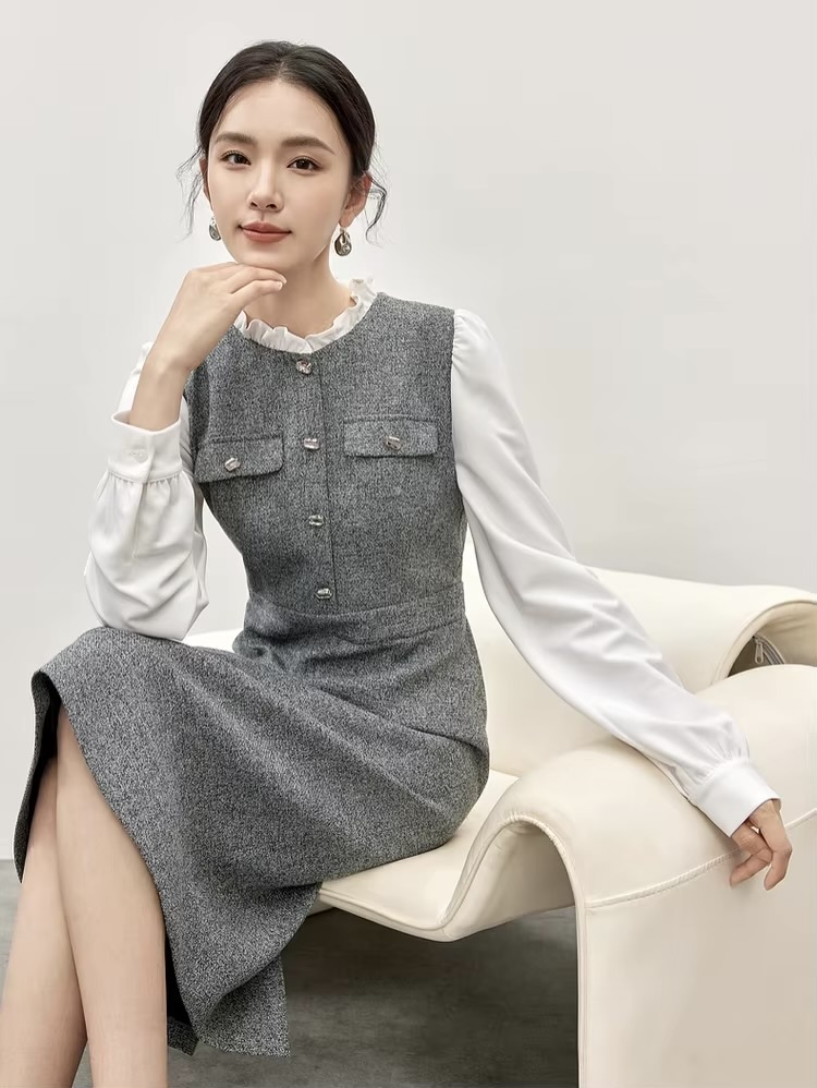 Spliced Ruffles Dress    Women’s Elegant contrast splice ruffled stand collar elastic waist slit Dresses for woman in gray with white trim Fall Autumn Winter womens Ladies petite-, plus-, size office wfh workwear fashion grey style #144L57111