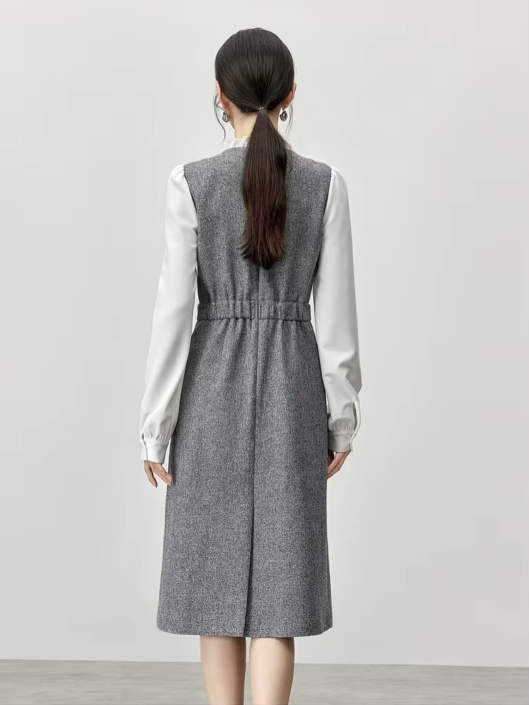 Spliced Ruffles Dress    Women’s Elegant contrast splice ruffled stand collar elastic waist slit Dresses for woman in gray with white trim Fall Autumn Winter womens Ladies petite-, plus-, size office wfh workwear fashion grey style #144L57111
