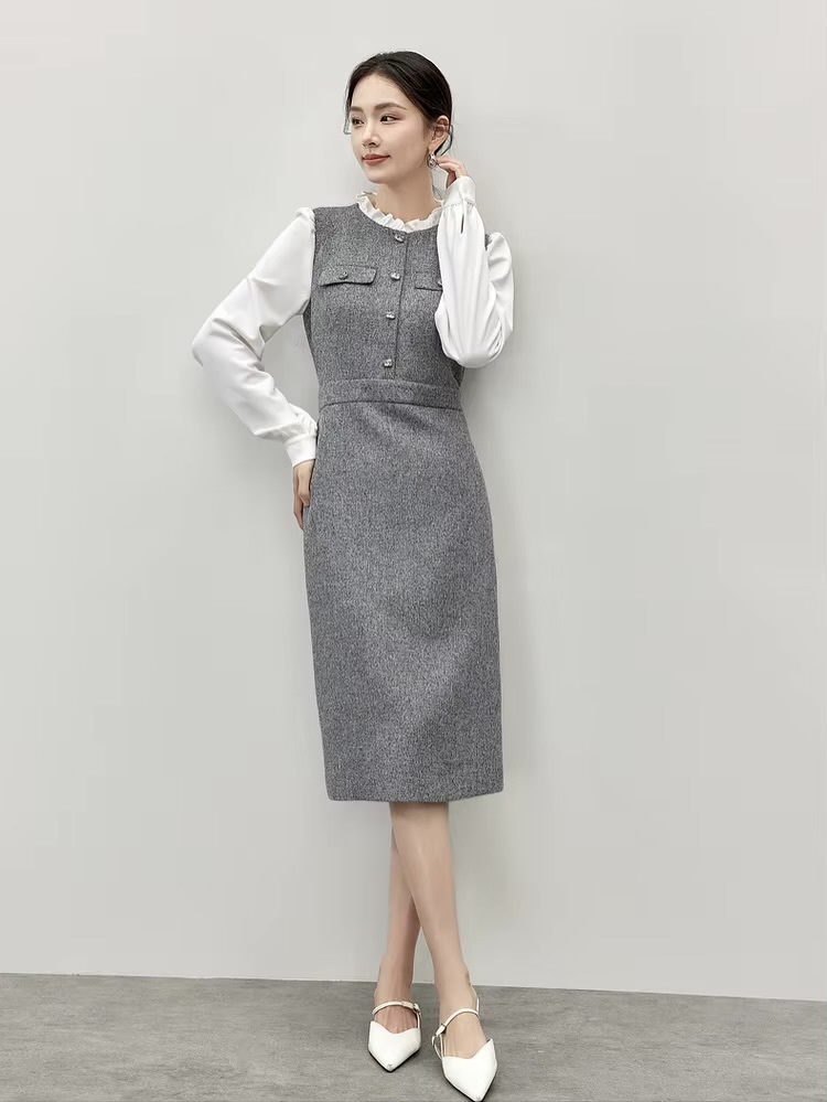 Spliced Ruffles Dress    Women’s Elegant contrast splice ruffled stand collar elastic waist slit Dresses for woman in gray with white trim Fall Autumn Winter womens Ladies petite-, plus-, size office wfh workwear fashion grey style #144L57111