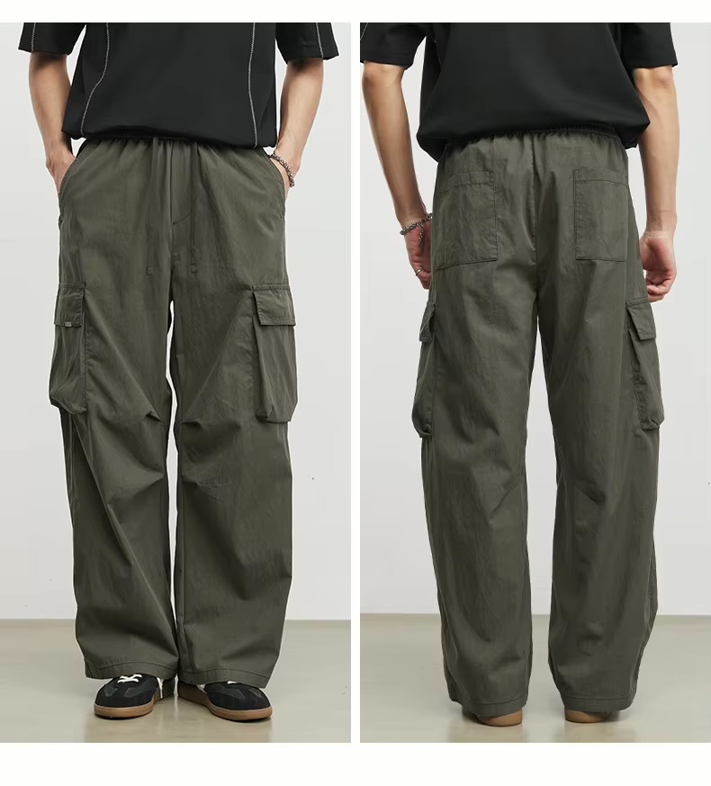 Men&rsquo;s man mens petite-, tall-, plus-, size Straight Loose American Youth Casual Straight Fashion Sports Thin Style S-3XL Mid-rise Wide-leg Pants Breathable Thin Trousers in army green