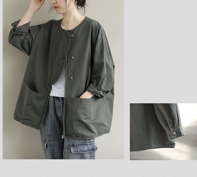 Retro Pockets Jacket   Women’s Classic Loose Design Korean Style All-match womens Fashion Daily Pure Minimalist Casual Basic Female Autumn Round 0-neck crewneck zipper button up closure Outerwear Plus size Jackets for Woman in army green