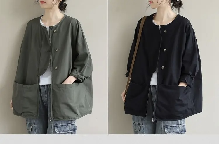 Retro Pockets Jacket   Women’s Indie Classic Loose Design Korean Style All-match womens Fashion Daily Pure Minimalist Casual Basic Female Autumn Round 0-neck crewneck zipper button up closure Outerwear Plus size Jackets for Woman in army green Black