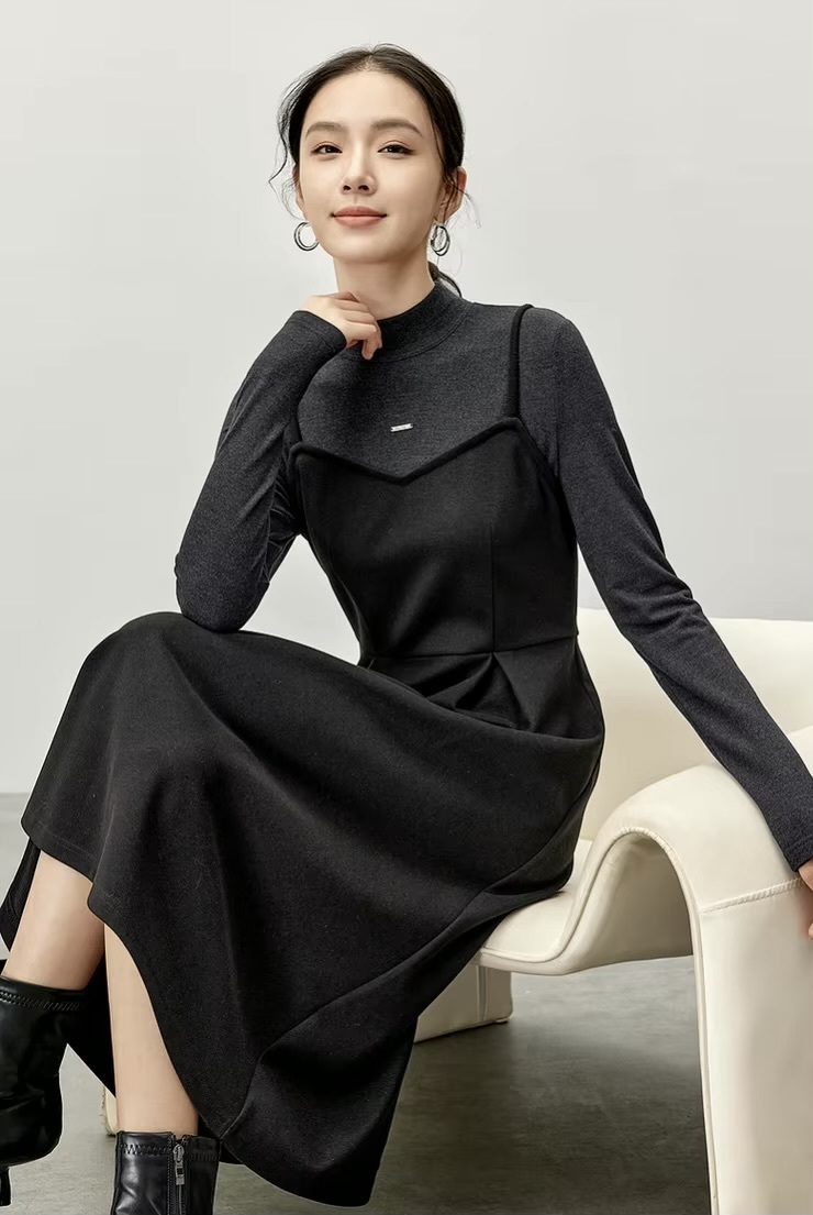 2-in-1 Knitted Dress    Women’s Elegant half high mockneck collar and square neck  A-line spaghetti straps long sleeves fitted black knit style for woman Winter warm womens Nico And… Letter metal pin mid-calf long midi Dresses Petite-, tall-, plus-, size #144L57169