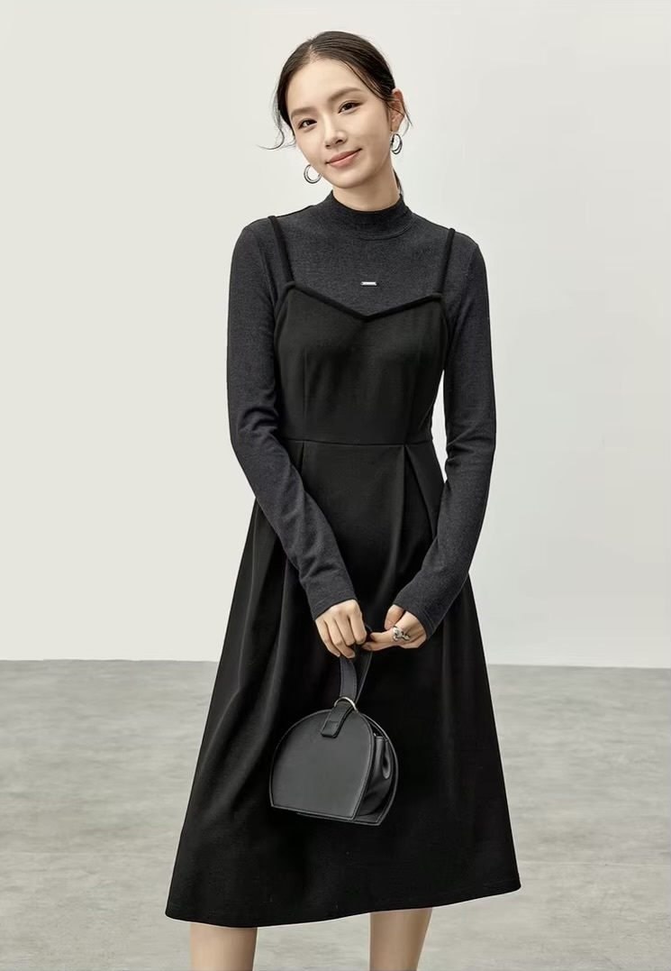 2-in-1 Knitted Dress    Women’s Elegant half high mockneck collar and square neck  A-line spaghetti straps long sleeves fitted black knit style for woman Winter warm womens Nico And… Letter metal pin mid-calf long midi Dresses Petite-, tall-, plus-, size #144L57169